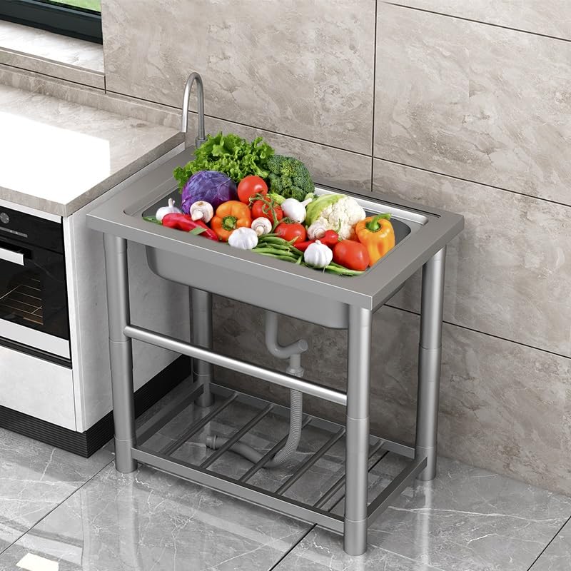 Edelstahlspüle für die Außenküche, freistehendes Spülbecken mit Warm- und Kaltwasserhahn, Abtropffläche und Stauraum für Restaurantwäscherei