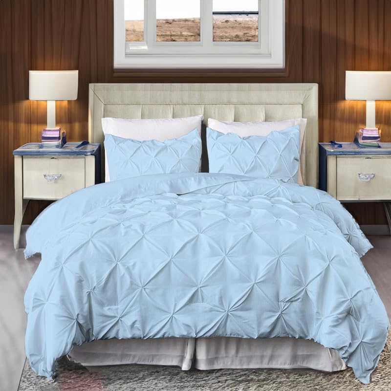EASYCOT 800TC Diamond Pintuck Duvet Cover Set Egyptian Cotton 3 Piece Duvet Cover Set Single Size Pinch Pleat Comfortable Hotel Quality Bedding set (Light Blue) — image 1