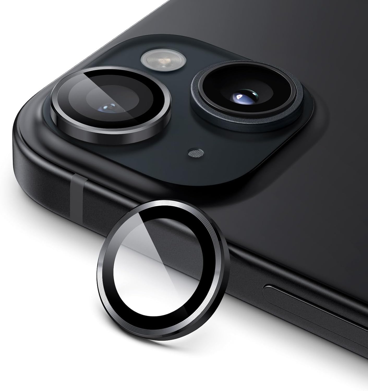 CLOUDVALLEY 2 PACK Camera Lens Protector for iPhone 14/15 and iPhone 14 Plus/ 15Plus 9H Tempered Glass Metal Individual Ring Cover HD Clear-BLACK