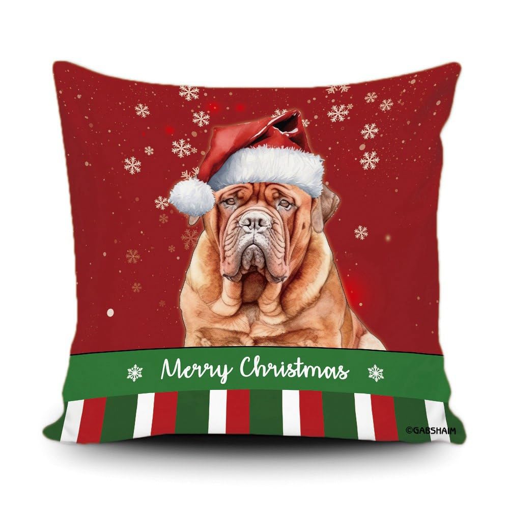 GABSHAIM Merry Christmas Dog Decorative Throw Pillow Cover Dogue de Bordeaux Snowflake Red Stripe Winter Xmas Pillow Case for Couch Sofa Home