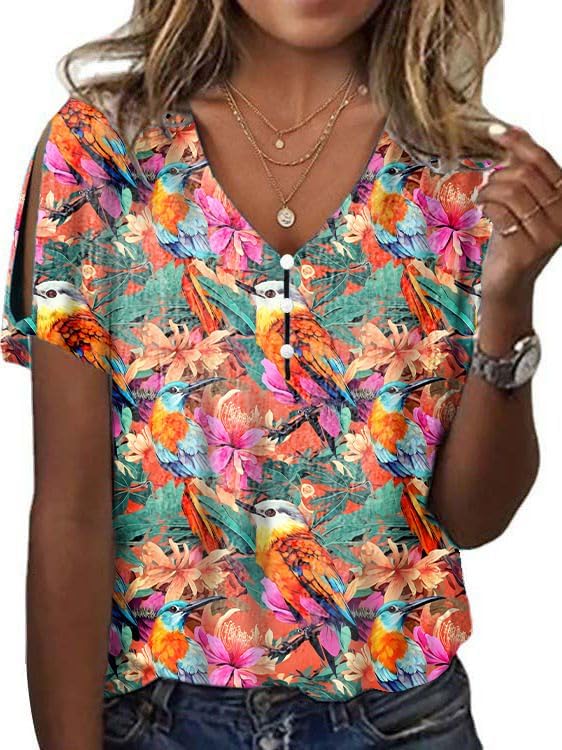 Boho Tops for Women Flower Print Fashion Summer Short Sleeve Tshirt Cute Casual Loose Fit Cold Shoulder Shirt Blouse