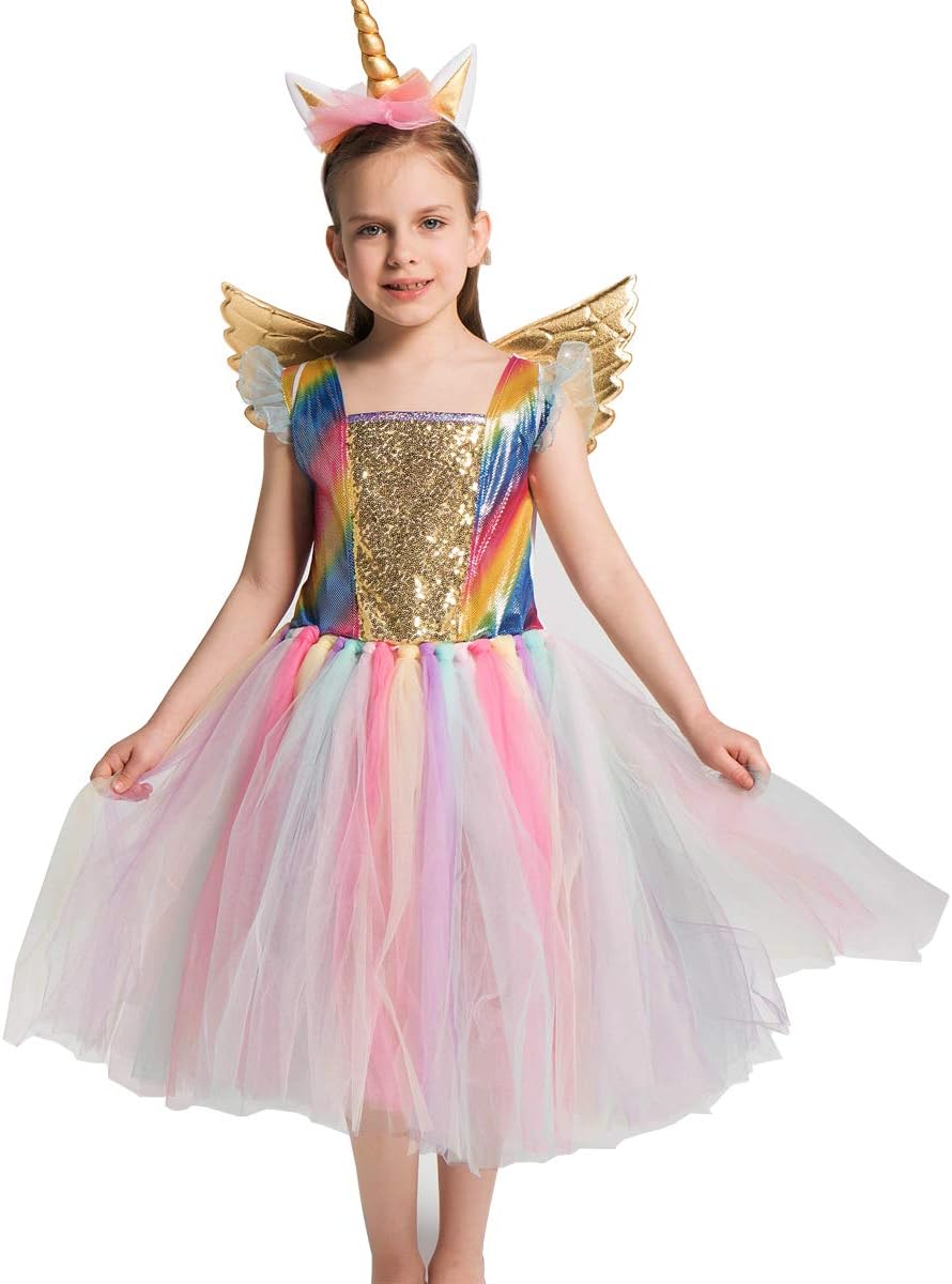 Unicorn Costume Mesh Tulle Tutu Dresses Girls Dress Fancy Up for Halloween Birthday Theme Party Cosplay (M, Rainbow Tulle)