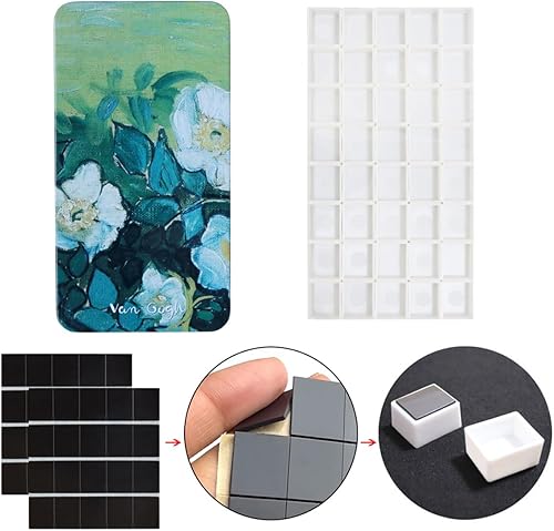 Miniatura 2 de FCLUB Paleta vacía de pintura de lata de acuarela con 40 medias bandejas vacías y 40 cuadrados magnéticos adhesivos 3M