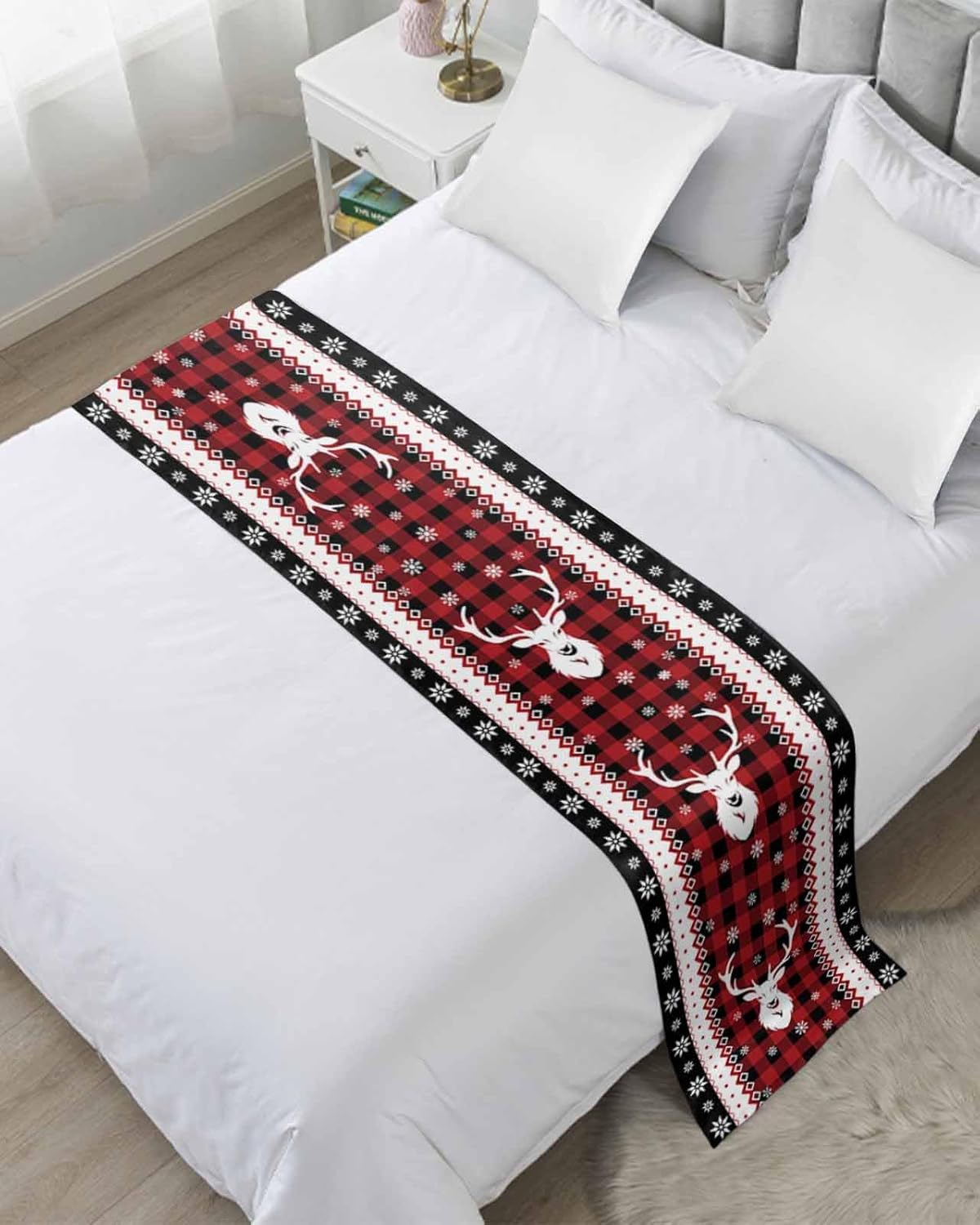 Bed Runner Scarf, Christmas Elk Snowflake Red Black Buffalo Plaid King Bed Bedding Scarves Cover Decorative Bed Scarf for Home Hotel Guesthouse Bedroom Wedding Room Guestrooms 94"x20"