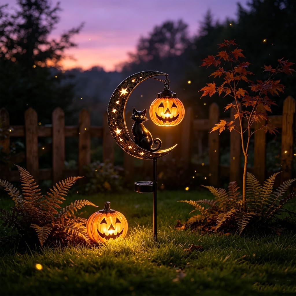 Lampe solaire d'Halloween en forme de chat noir et citrouille - Décoration de jardin LED étanche - Décoration d'allée en verre craquelé à suspendre - Citrouille creuse en métal pour cour
