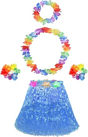 5pcs Hawaiian Hula Grass Skirt for Girls with Flower Costume Set for Luau Party Kids Dancing Accessory Kit