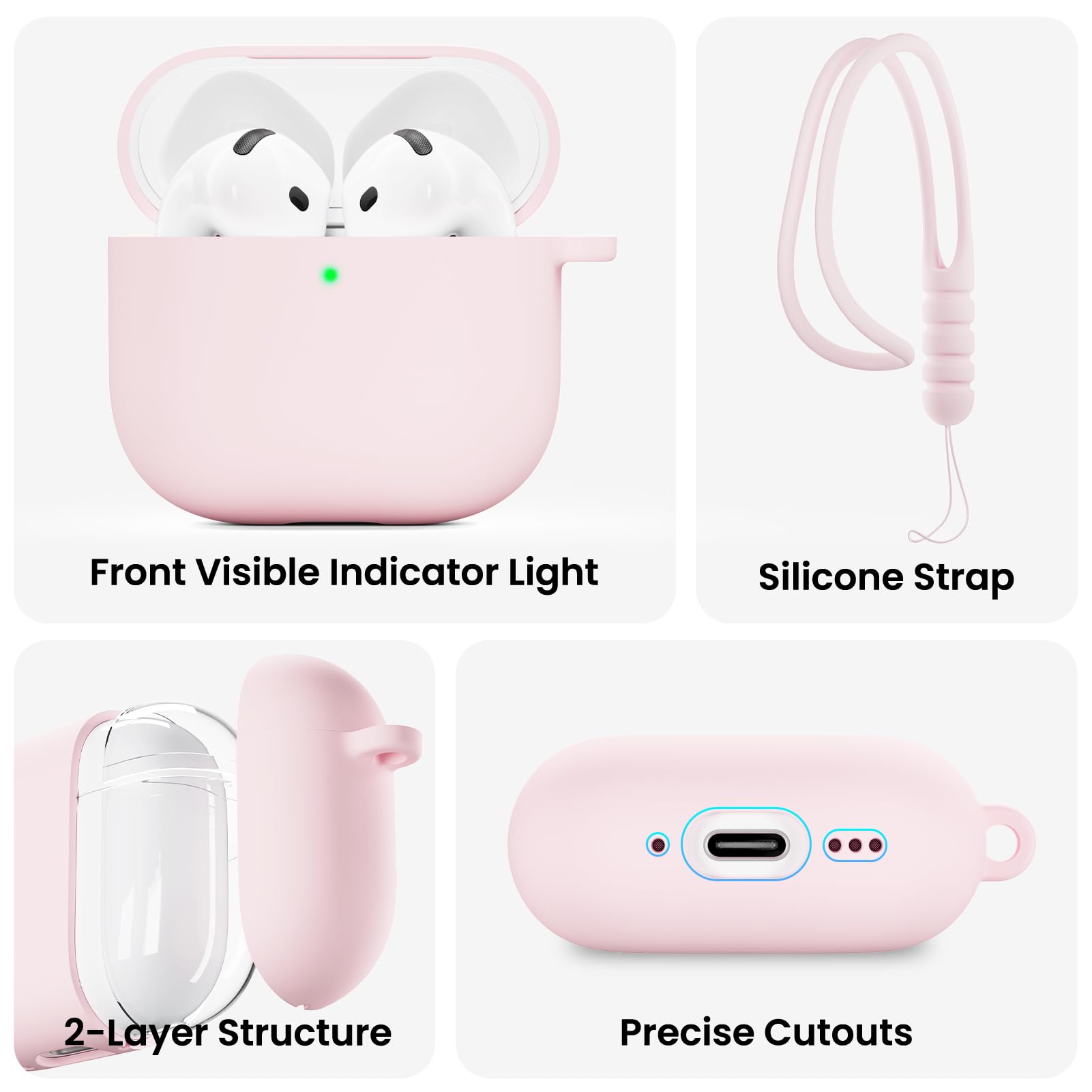 ORNARTO Silikonowe etui do AirPods 4 - różowe | 2-częściowe etui silikonowe z 2-warstwową strukturą, ochroną przed wstrząsami, smyczą i narzędziem do demontażu