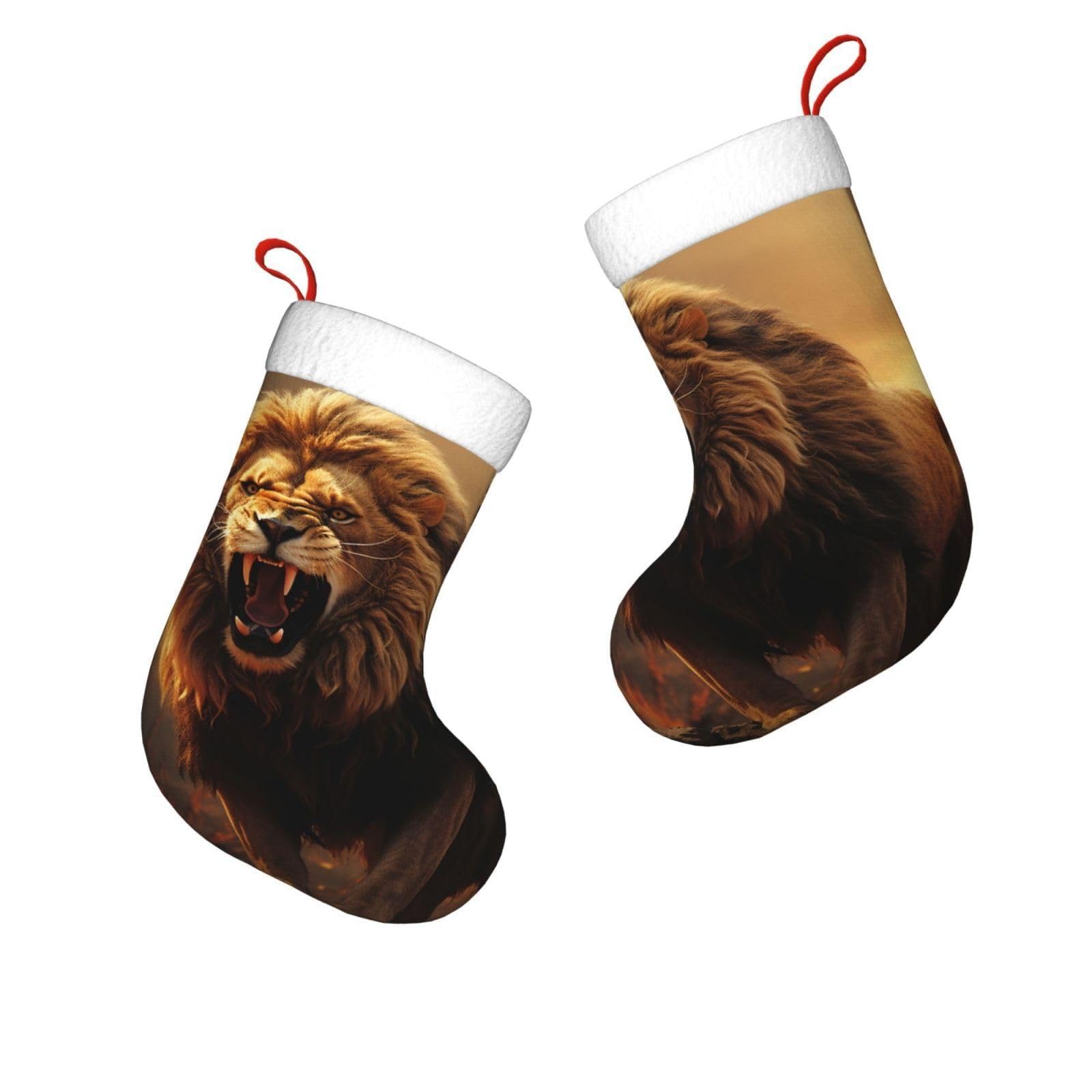 FodPand 17.7" Christmas Stocking 1 Piece, Angry Roaring Lion Xmas Stockings with White Plush Cuff Fireplace Hanging Stocking for Christmas Holiday Party Decoration