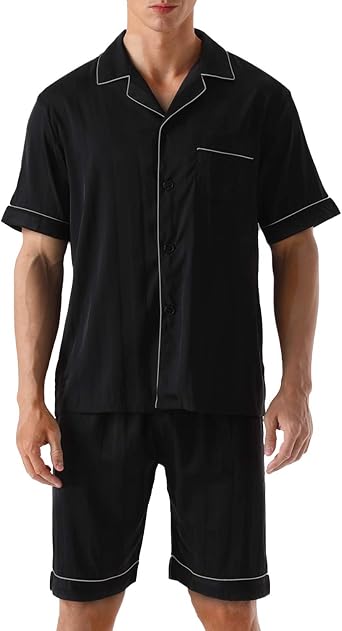 Satin Pajamas Set Woven Short Sleeve 
