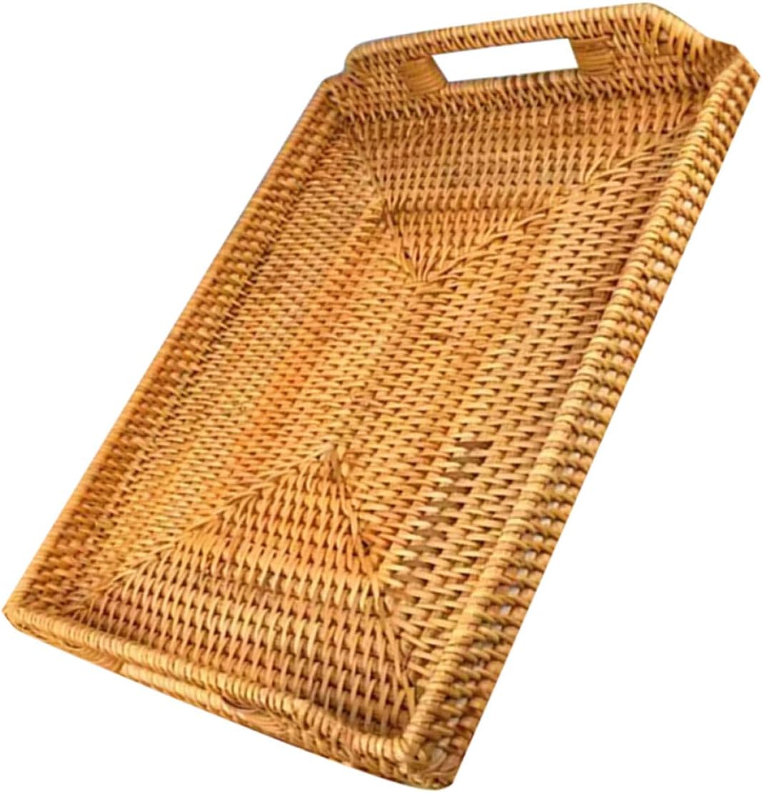 Hand-woven Rattan Bread Basket Tray with Handles Small Rectangular 34x24x4cm for Home Kitchen Bread Storage and Fruit Serving