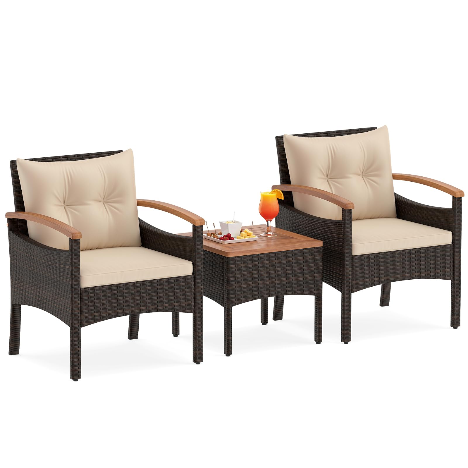 SOARS Salón de Jardín 3 Piezas, 2 Sillones de Ratán PE, Mesa de centro con bandeja de madera de acacia, Cojines acolchados extraíbles, Almohada Lumbar, Muebles para Patio, Terraza (Marr+Beige)