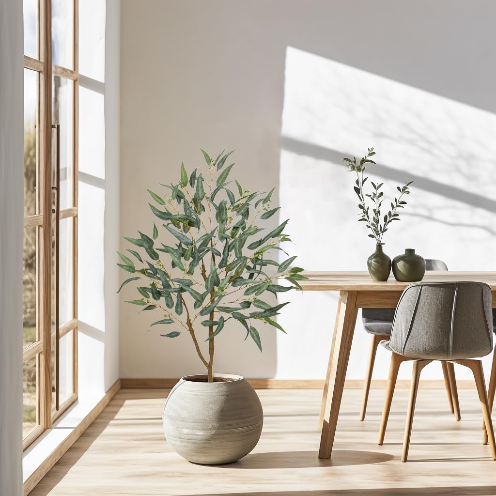 Briful 4ft Artificial Eucalyptus Tree in Black Pot, Realistic Silk Potted Floor Plant Eucalyptus Plant for Home Decor Indoor Outdoor Patio Office, Green Leaf