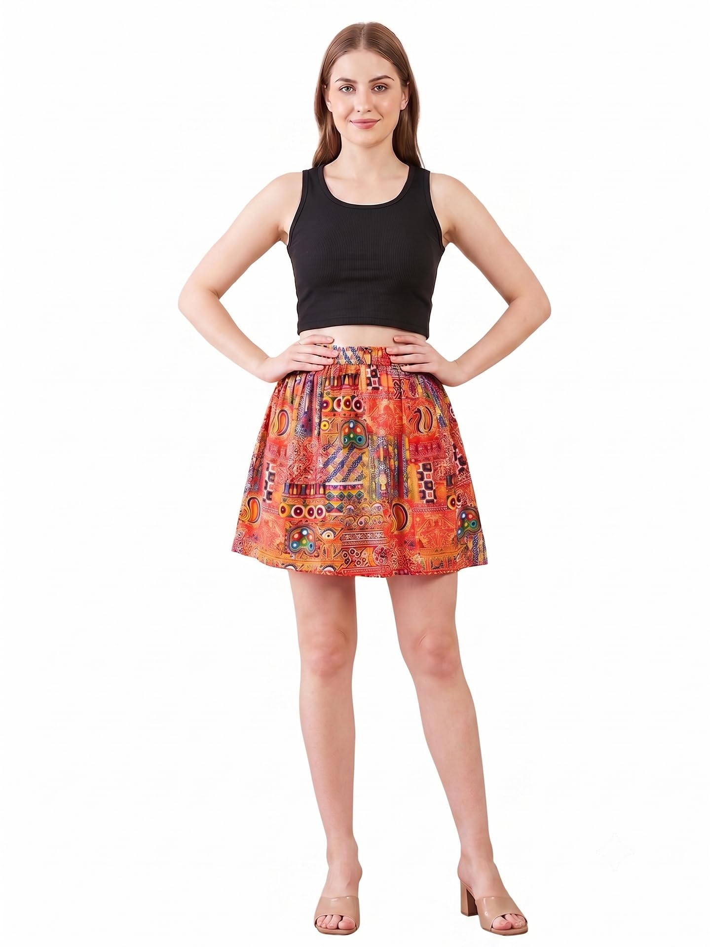 vagisha Women's Printed Co-Ord Set Cum Dress | Sleeveless Stretchable Black Crop Top with Mini Flared Skirt | Summer Casual 2 Piece Outfit-picture-31