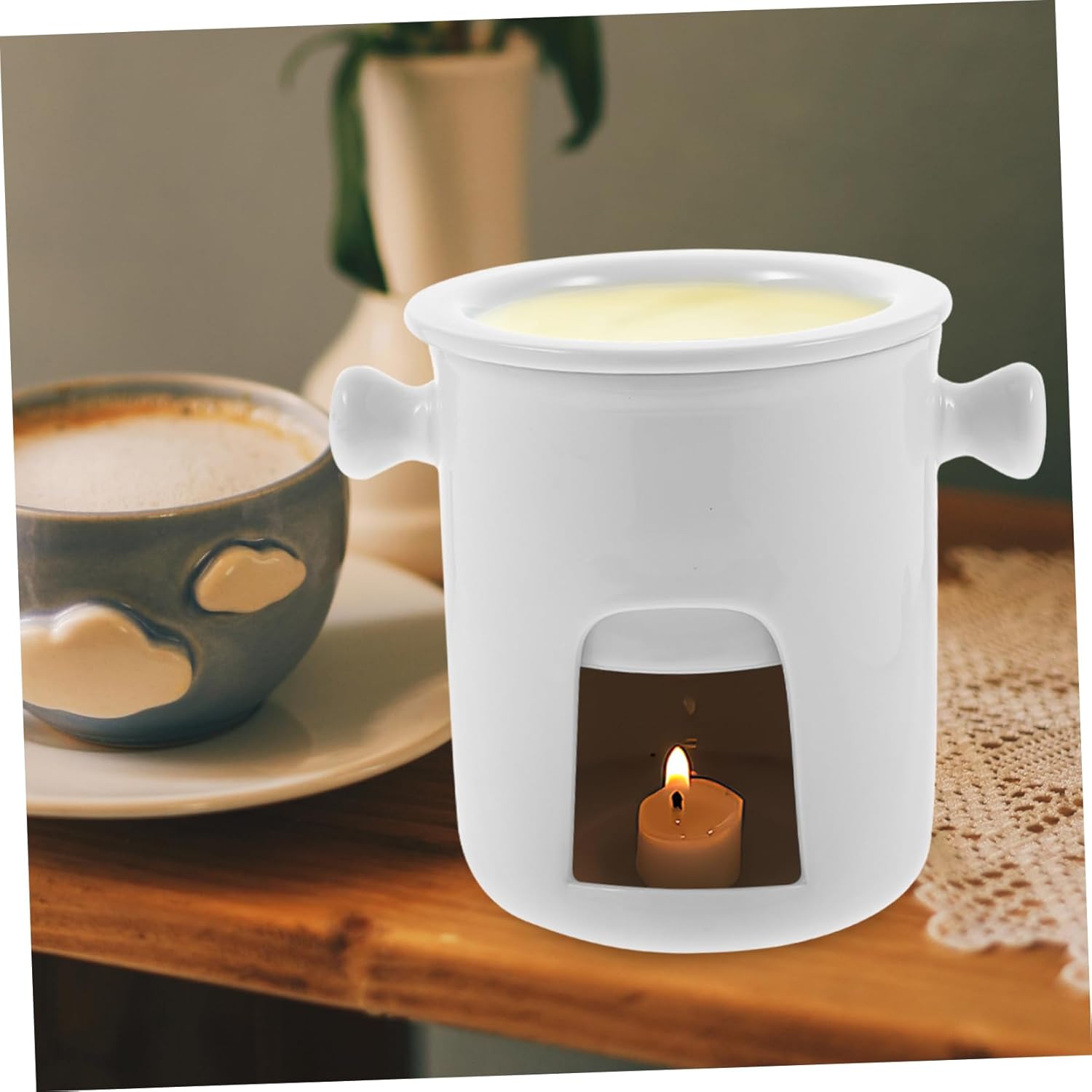 MAGICLULU Ceramic Chocolate Melting Pot Forks Compact Fondue Mug for Cheese Butter and Ice Cream for Date Nights and Parties