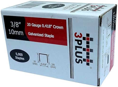 3PLUS Grapas de alambre fino galvanizado de calibre 20 T5010 de 38 de pulgada (0.417 in) de longitud de pierna de 38 pulgadas, 5,000 por caja