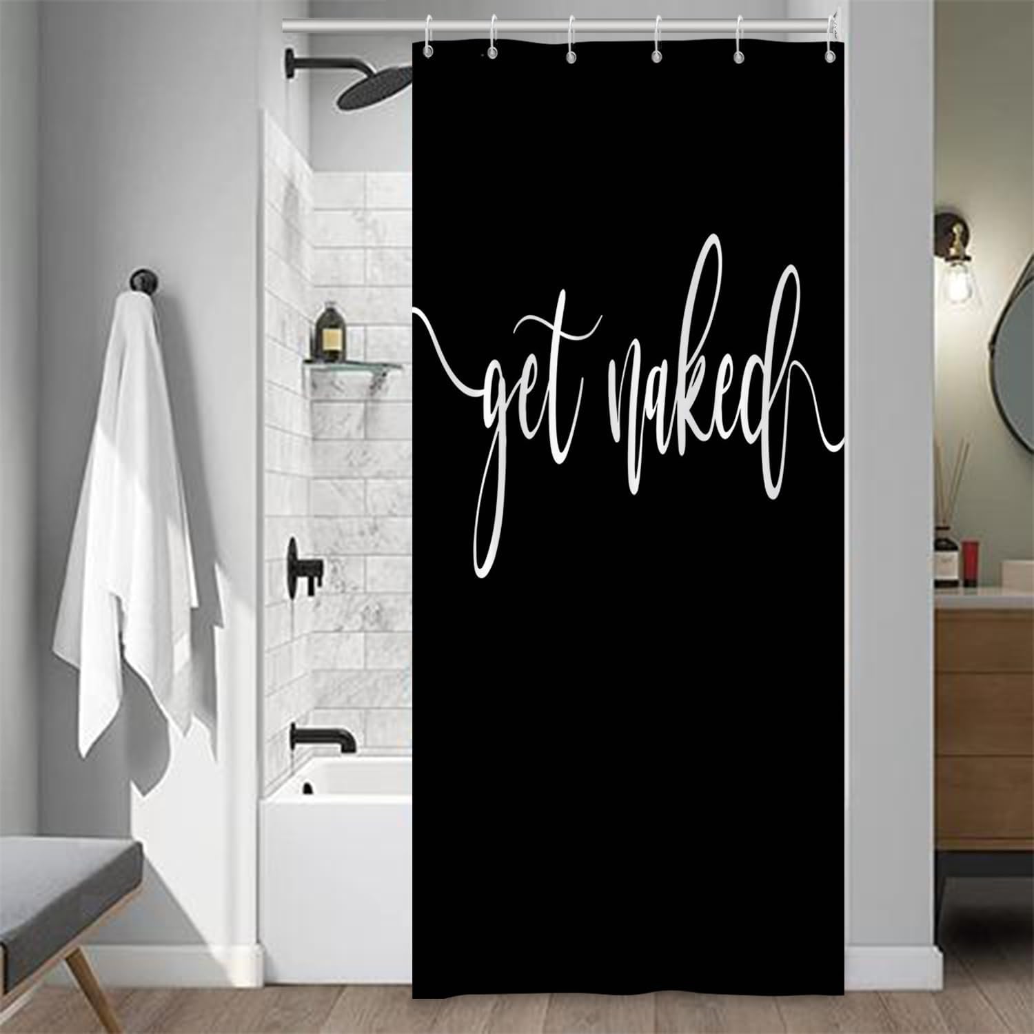 Modern Abstract Letter Print Pure Black Polyester Shower Curtain, 72"W x 96"L, Waterproof, Tab Top, Unisex, Bathroom