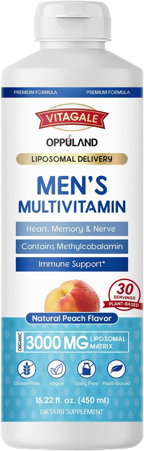 Men's Multivitamin - Liquid Supplement - Liposomal Delivery - Daily Multi Vitamin with Biotin B Complex Omega-3 - Hair & Nail Support Vitamin - Peach Flavor - 3000 mg per Serving - 450 mL