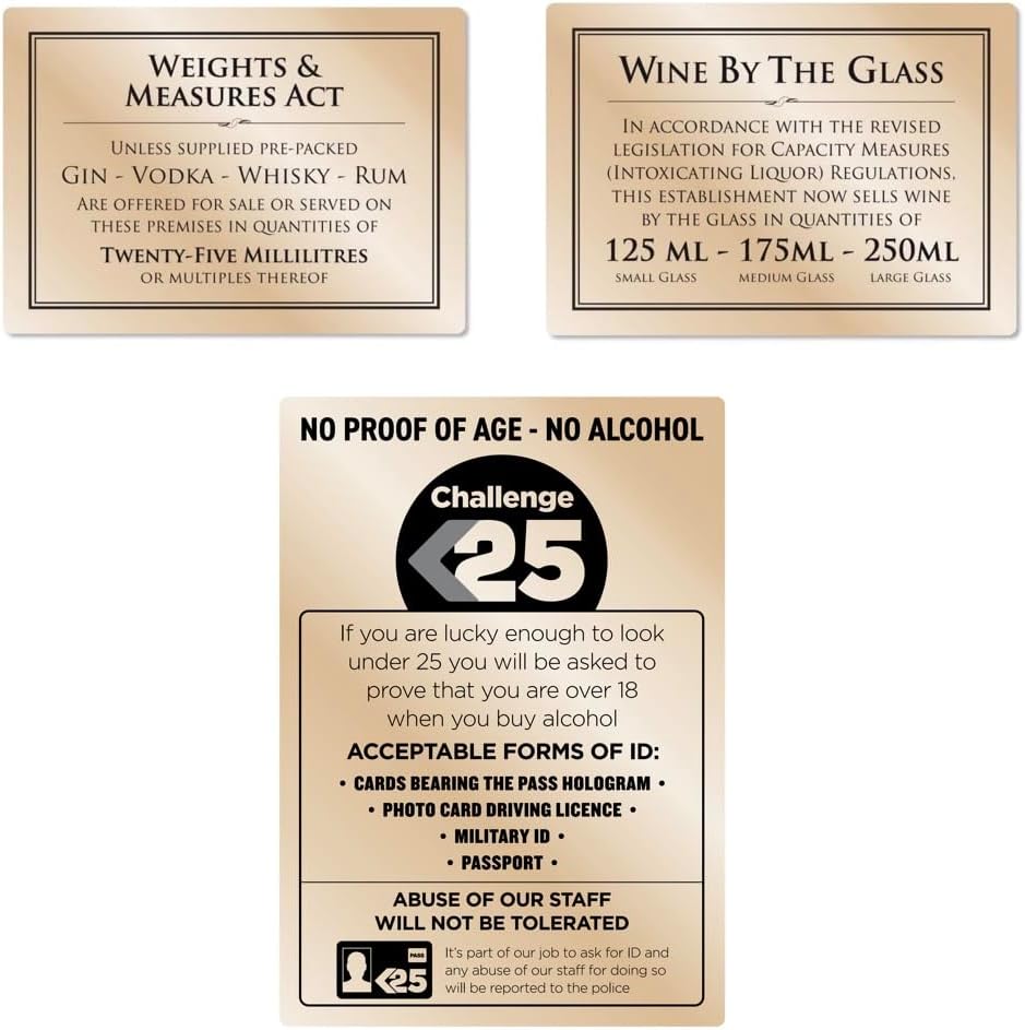 3 Pcs Signs Essential Bar Licensing Sign Pack GOLD 3 Pcs Challenge 25 - Spirit Measures 25ml - Wine by the Glass Pub Restaurant Catering