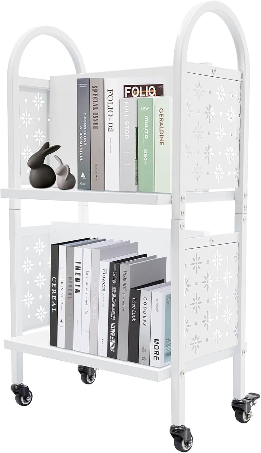 2 Tier 17 * 13 * 34Inch Floor Standing Library Book Cart Rolling Book Cart Office Book Cart White