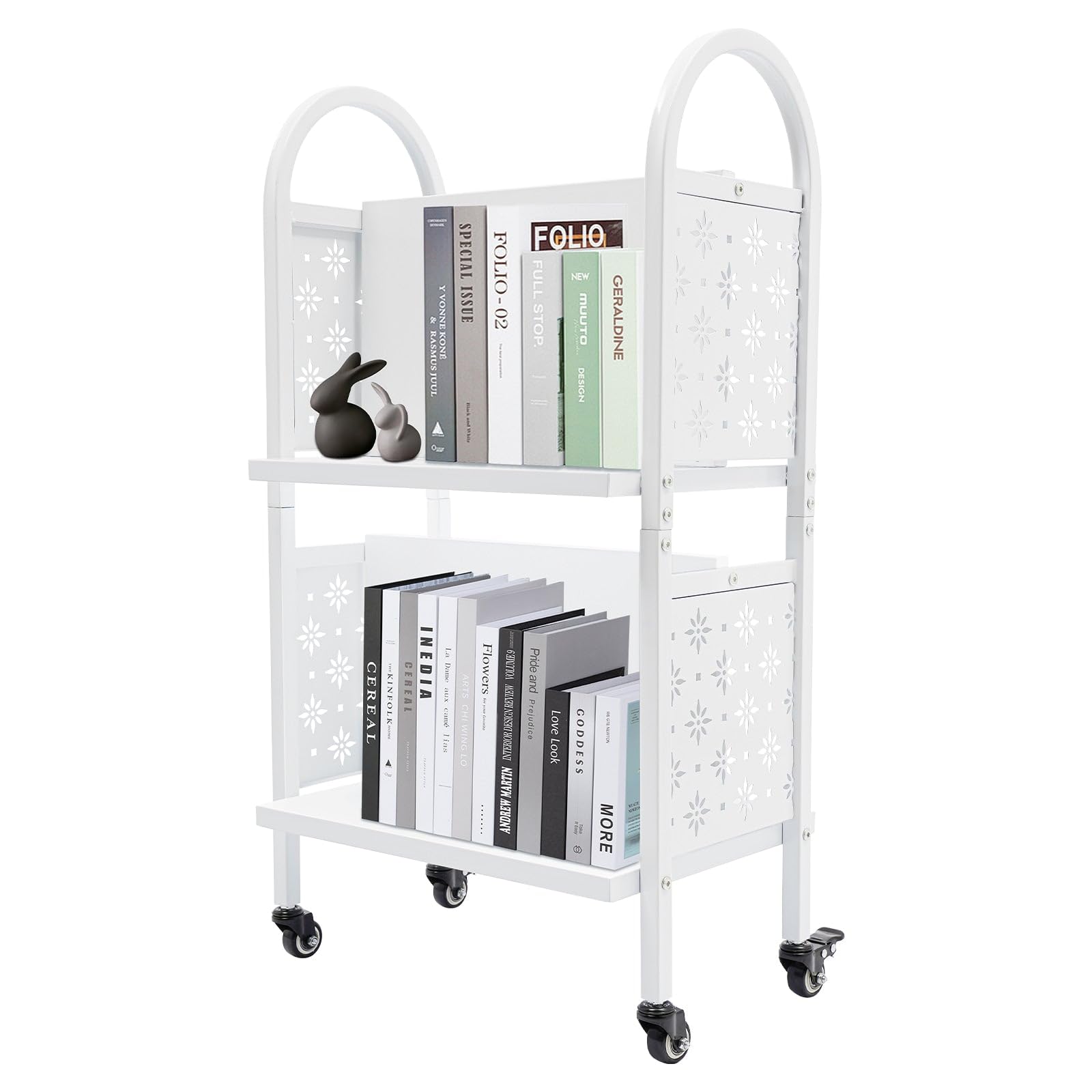 2 Tier 17 * 13 * 34in Floor Standing Library Book Cart Rolling Book Cart Office Book Truck White