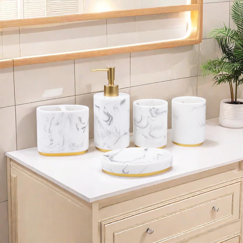 Bathroom Accessories Set 5 Piece, Resin Bathroom Set White and Gold Accessories with Toothbrush Holder, Soap Dispenser, Soap Dish, Tumbler Cup, Marble Pattern Bathroom Gift Set