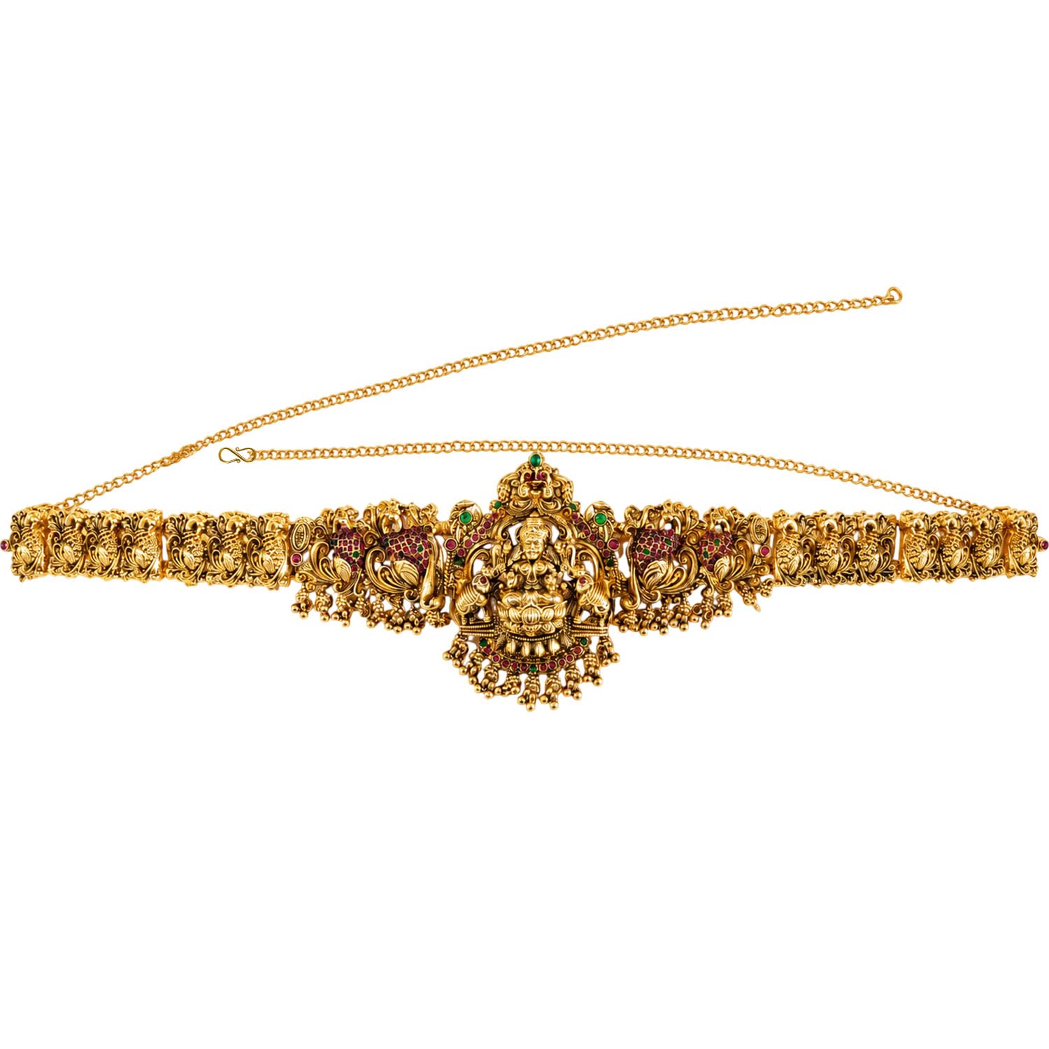 FASHIONS Traditional 18K Gold Plated Adjustable Antique Kamarbandh Goddess Big Lakshmi Peacock Ruby Kempu Stone South Indian Waist Chain Belt Bridal Wedding Temple Jewellery Vaddanam for Women-image-10