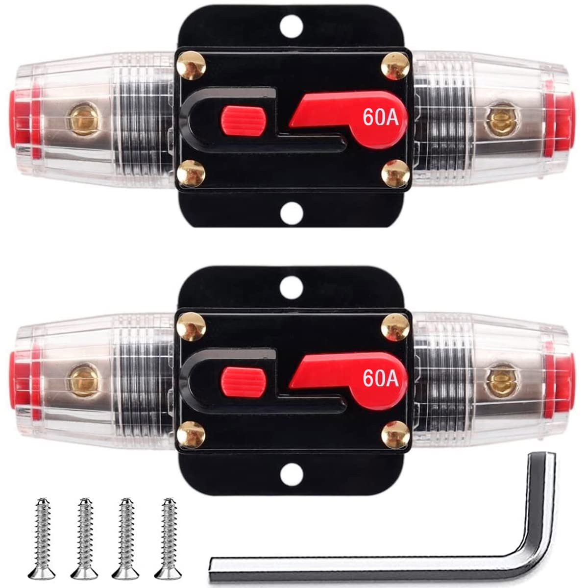 Greluma 2 Stück 60 A Inline-Leistungsschalter-Zurücksetzen-Sicherung, 12V-24V DC-Zurücksetzen-Sicherungshalter 60 A mit Manuellem Zurücksetzen für den Schutz von Auto-Marineboot-Audiosystemen