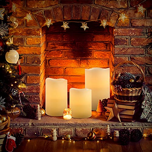 Image of VETOUR Battery Operated Flameless Candles: Remote Control LED Electric Set of 3 H4 inch5 inch6 inchD3.15 inch Ivory Real Wax Pillar Flickering Candle with Timer Home Halloween Christmas Gift Deco