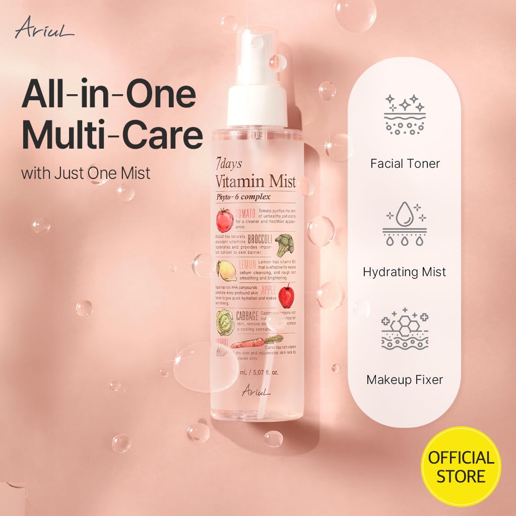 Ariul - Canlandırıcı yüz spreyi, ferahlatıcı sprey, C vitamini, B2, B3 ve B12-7 Days Face Mist, Kore kozmetik
