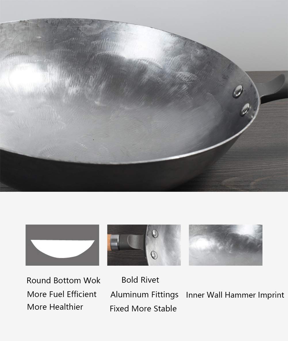 Fondo Tondo Wok Acciaio Al Carbonio Wok, Martellato A Mano Acciaio Al Carbonio Pow Wok Con Impiccagioni in Legno E Manico in Acciaio, 3 Dimensioni A Scelta,34cm/13.4in