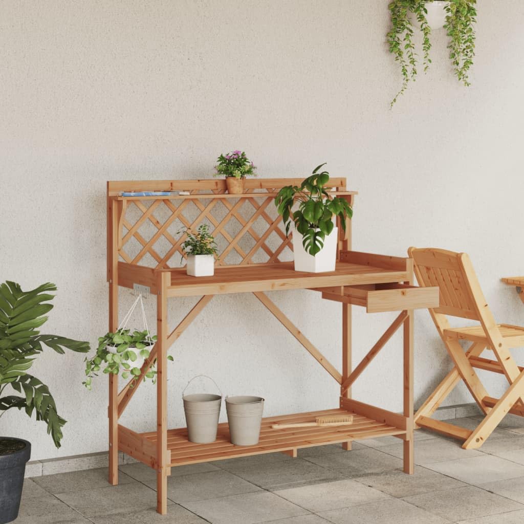 Ławka do doniczek z kratą brązową, 110 x 50 x 117 cm | lite drewno świerkowe, szuflada 33 x 24 x 5 cm, haczyki boczne, półka z listwami