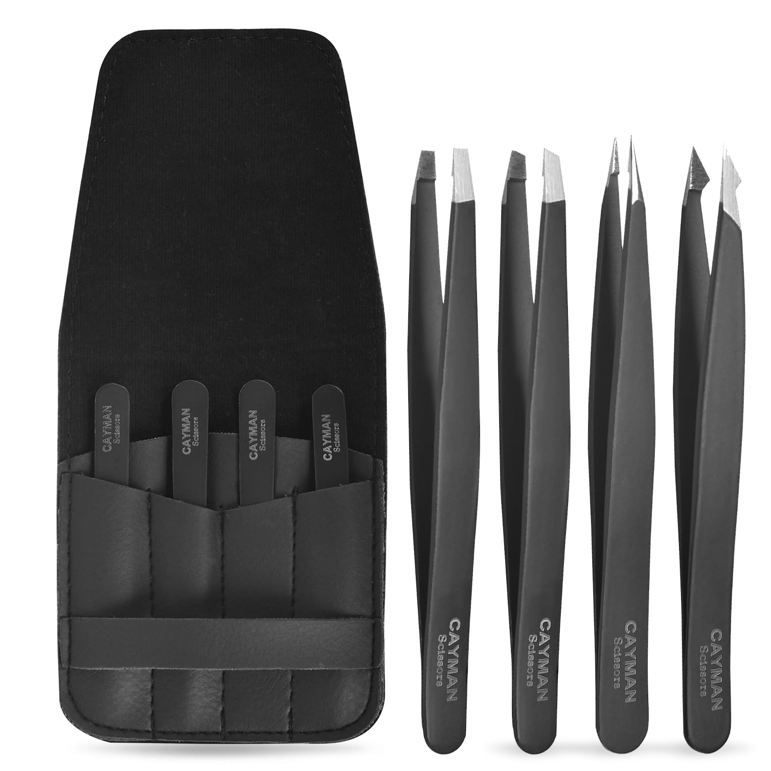 Cayman - Set di 4 pinzette da donna, professionali in acciaio inox giapponese, per viso, sopracciglia, per rimuovere schegge e peli incarniti, pinzette da uomo per la cura di precisione