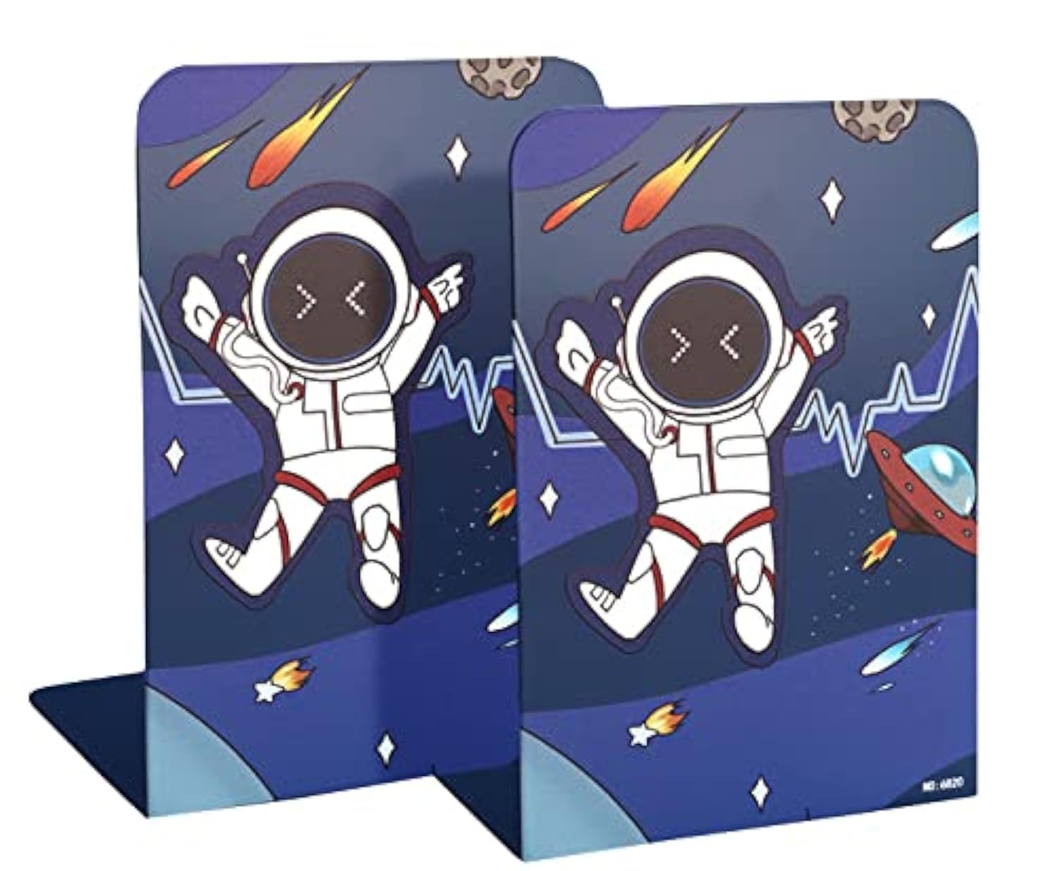 2 Pack Bookends Non-Slip Blue Cartoon Astronauts Book Stopper Heavy Duty Premium Metal Decorative Book End Supports for Kids Children Shelves Room Office
