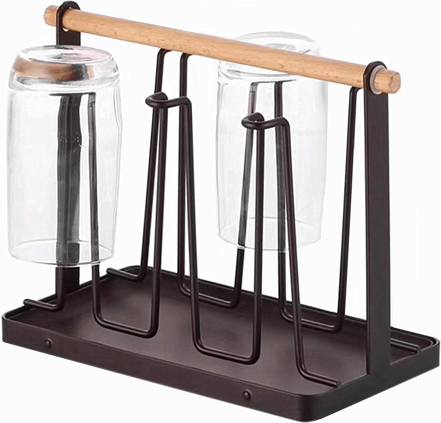 PENGQIMM 6 Cups Mug Glass Stand Holder Metal,Cup Drying Rack Stand with Drain Tray,Cup Hanging Drainer Upside-Down,Metal Bottle Drying Organizer with Handle Cup Drying Holder Stand,Bottle Drying Rack