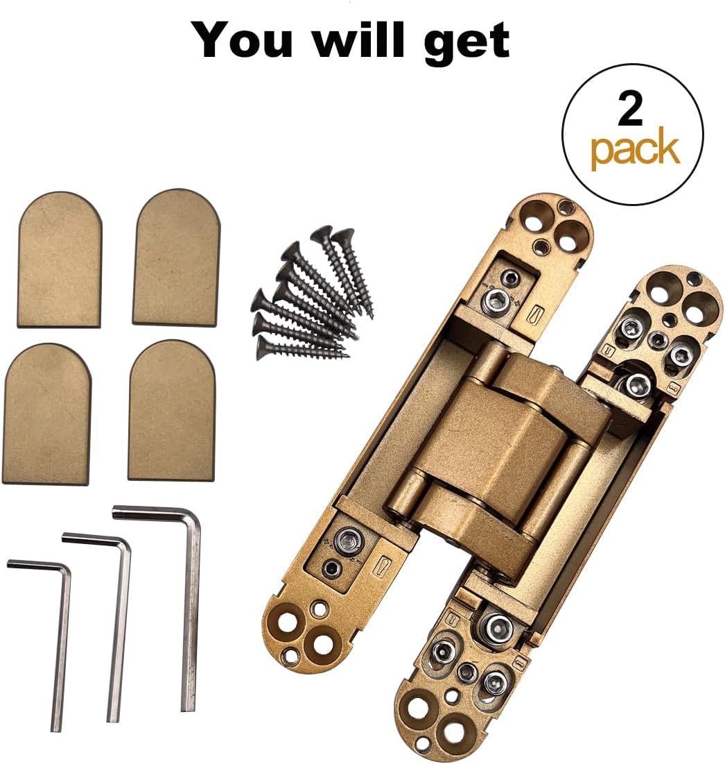 VOLUKA 2 Pack Hidden Door Hinges, 6 inch 3-Way Adjustable Concealed Hinges Zinc Alloy 180 Degree Swing Invisible Door Hinges (Gold)