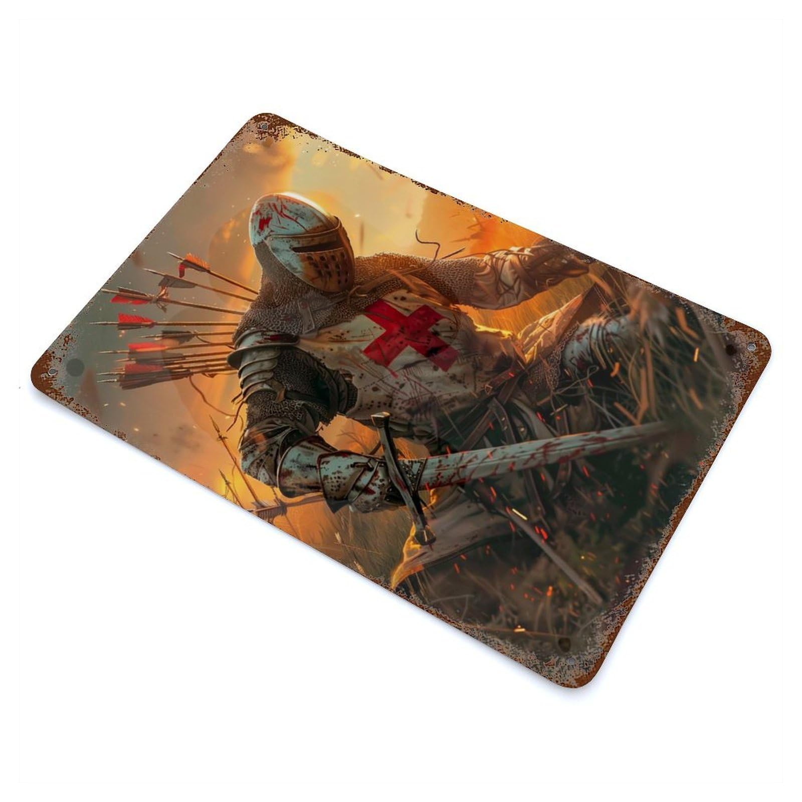 The Fallen Crusader Aged Metal Wall Plaque 11.8"x7.9", Old School Wall Decor for Garage, Bar And Workshop Decor