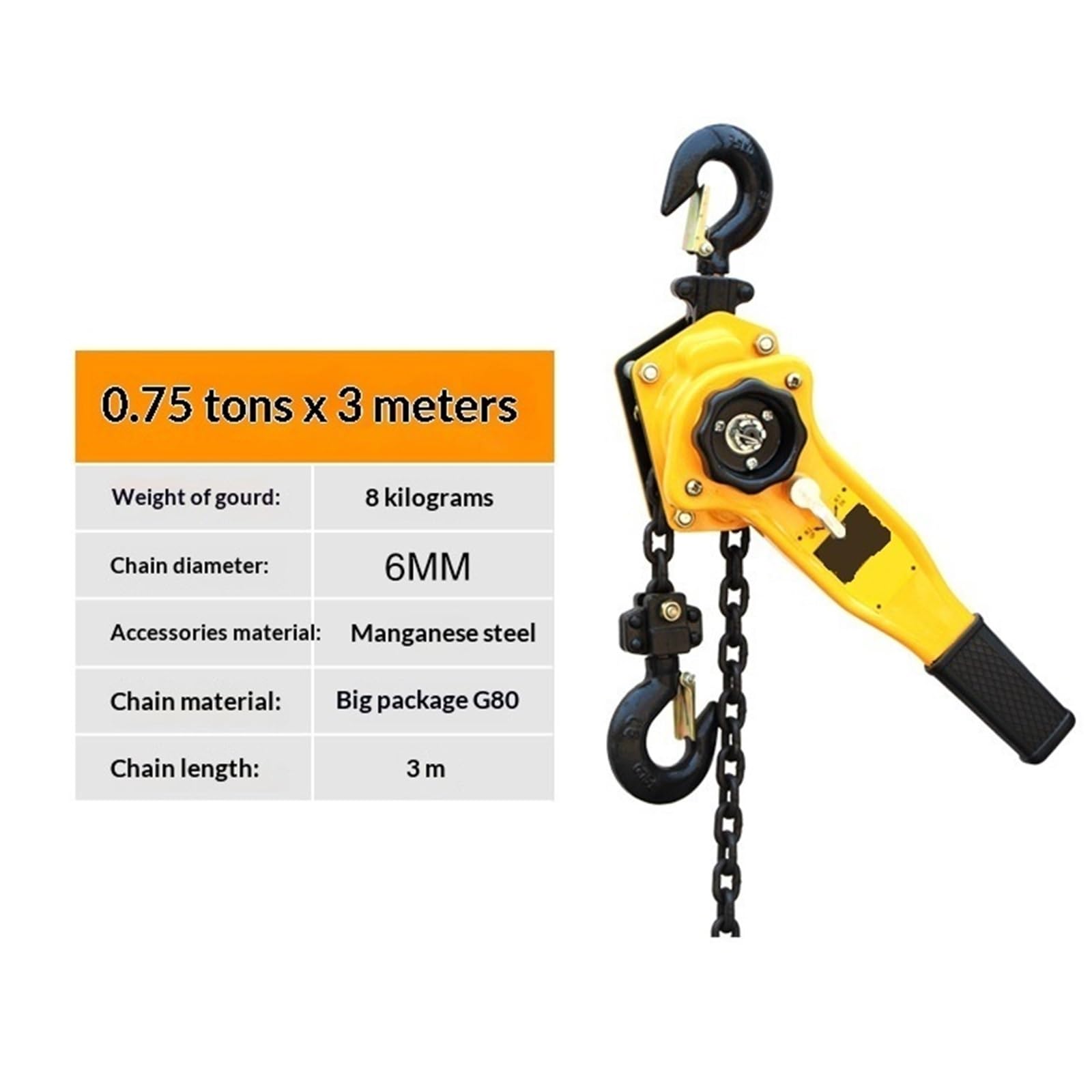 Kettenzug, Hebelzug 0,75 Tonnen 1,5/3/6 Meter Manuelle Kettenplatte Von Hand Umgedreht Für Lager für Garagenlager(0.75T*3M)