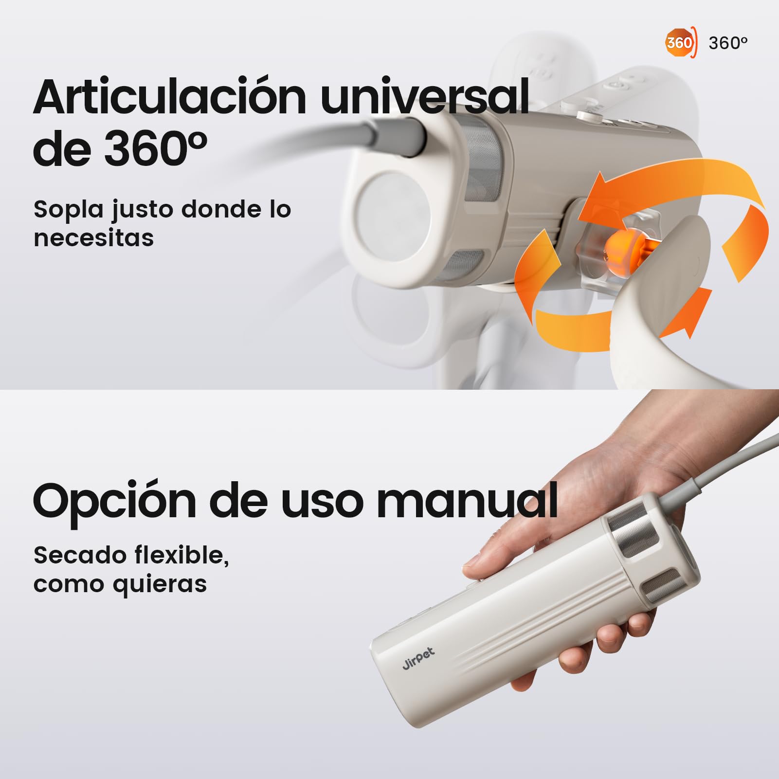 JirPet Secador para Perros con Soporte para Cuello, Secador Profesional de bajo Ruido, portátil con 75 m/s, Manos Libres con Soporte para Cuello, 3 velocidades y 4 temperaturas, para peluquería