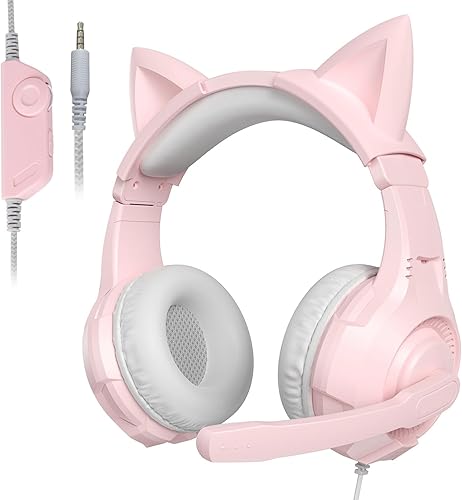 Mokochy Auriculares para juegos de orejas de gato con micrófono con cancelación de ruido rosa con micrófono con cable de 0.138 in para auriculares