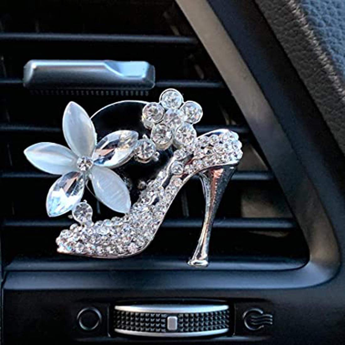 High Heel Shoe Car Air Vent Clip Charm, Bling Car Accessories, Crystal Women Fashion Shoe W/Flowers, Car Interior Decoration Charm, Rhinestone Car Bling Accessories, Cute Car Decor