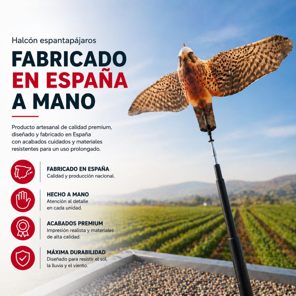 Espantapájaros Halcón Profesional Eolo | Ahuyenta Palomas y Aves | Movimiento Real de Vuelo | Protección UV | Fabricado en España | Mástil 7 Metros | Remi Hogar
