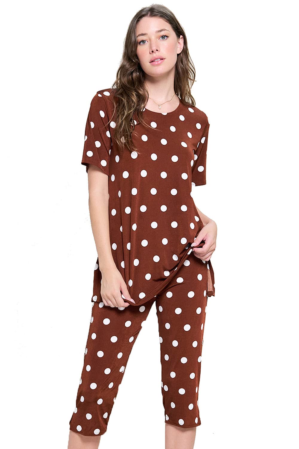 Jostar Women's 2 Piece Set – Short Sleeve T Shirts Top and Capri Pants with Side Slit Stretchy Casual Outfit