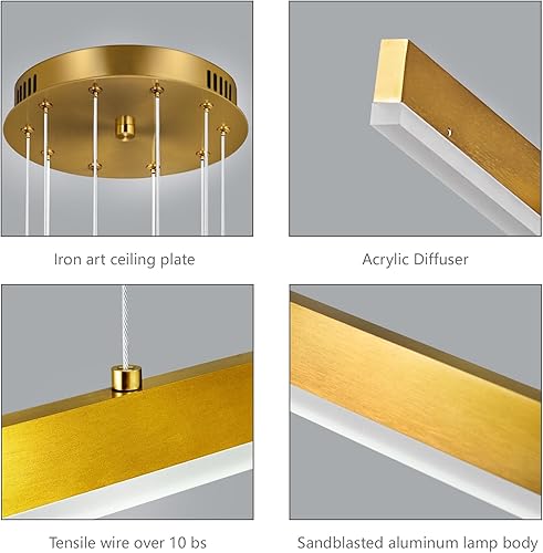 Miniatura 5 de zhllmq Moderno candelabro LED dorado regulable para comedor, altura ajustable, luz colgante lineal, tira larga, accesorios de luz elegantes para