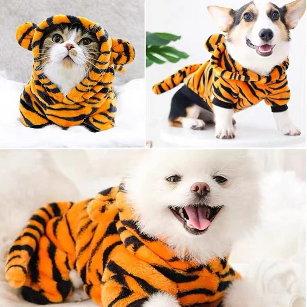 Haustierkostüm-Kollektion, Dinosaurier-Tiger-Bienenmuster, Kapuzenoutfits, warme Winterkleidung, Polyester, kleine Hunde und Katzen, Halloween, Weihnachten, Cosplay (X-Large, Tiger)