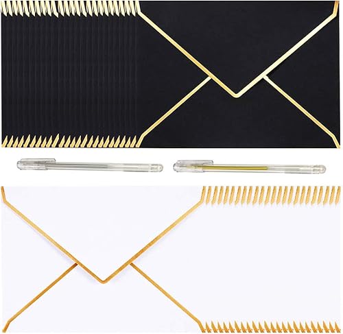 50 sobres de lujo A7 con solapa en V con borde dorado de lámina dorada, sobres de graduación autoadhesivos A7 en blanco y negro, sobres de