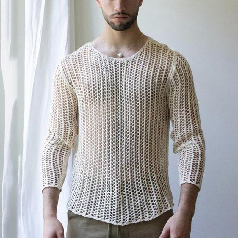 Evankin Men's T-Shirt Hollow Out Mesh Long Sleeve Tops See Through Underwear Knitted Sweater Loose Undershirt T-Shirt2