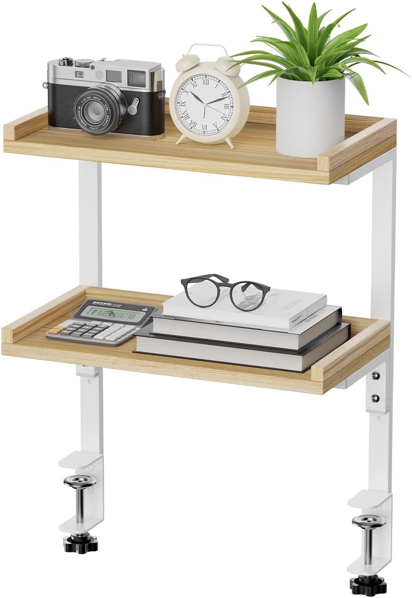 Clamp On Desk Shelf 2-Tier, Wood Shelving Unit for Office Desk/Gaming Accessories, Tabletop Book Storage Rack, Shelf for Top of Desk, Natural