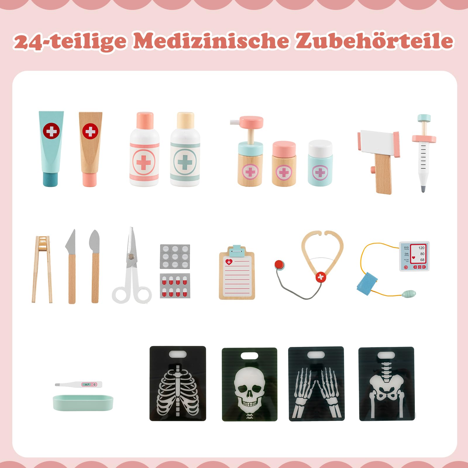 DREAMADE Krankenhaus Spielset, Arztkoffer Kinder aus Holz mit 24 Zubehörteilen, Stethoskop, Blutdruckmessgerät & Spüle, Arzt Rollenspielzeug für Kinder ab 3 Jahren (Rosa)