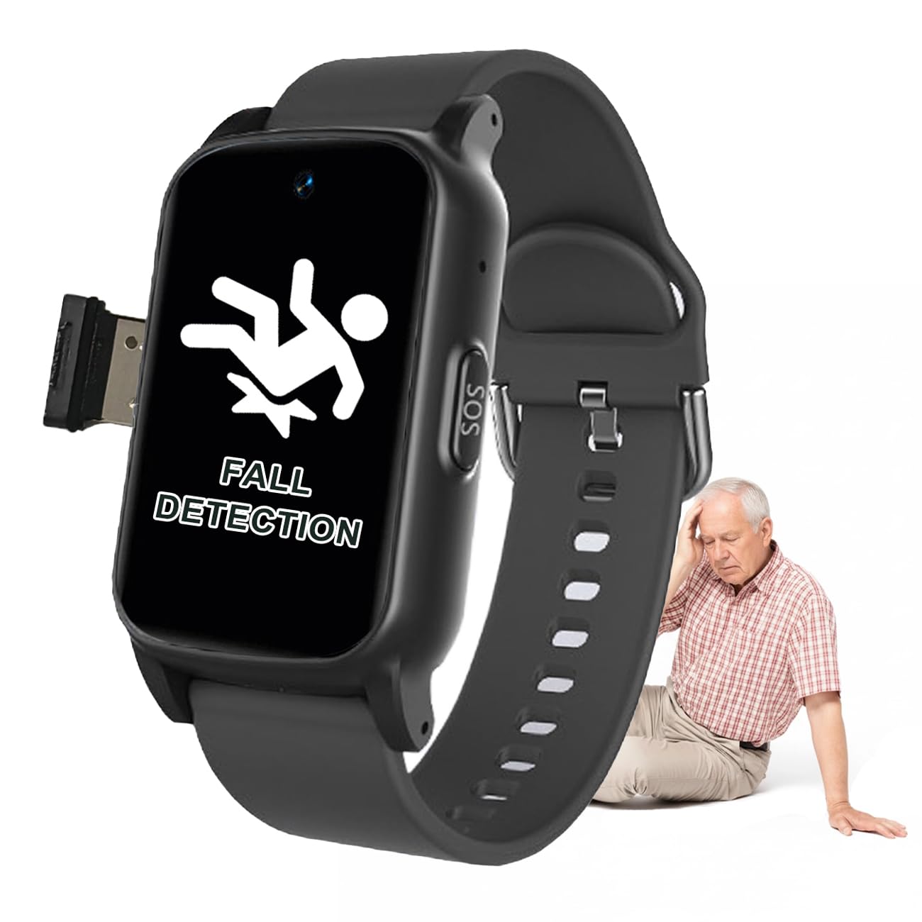 Intelligente Con Rilevamento Delle Cadute Bracciale Sos Orologio Salvavita Per Anziani Orologio Con Rilevamento Cadute Videochiamata HD Chiamata Vocale HD PulsanteBlack,1.25 * 0.57 * 2.22inch