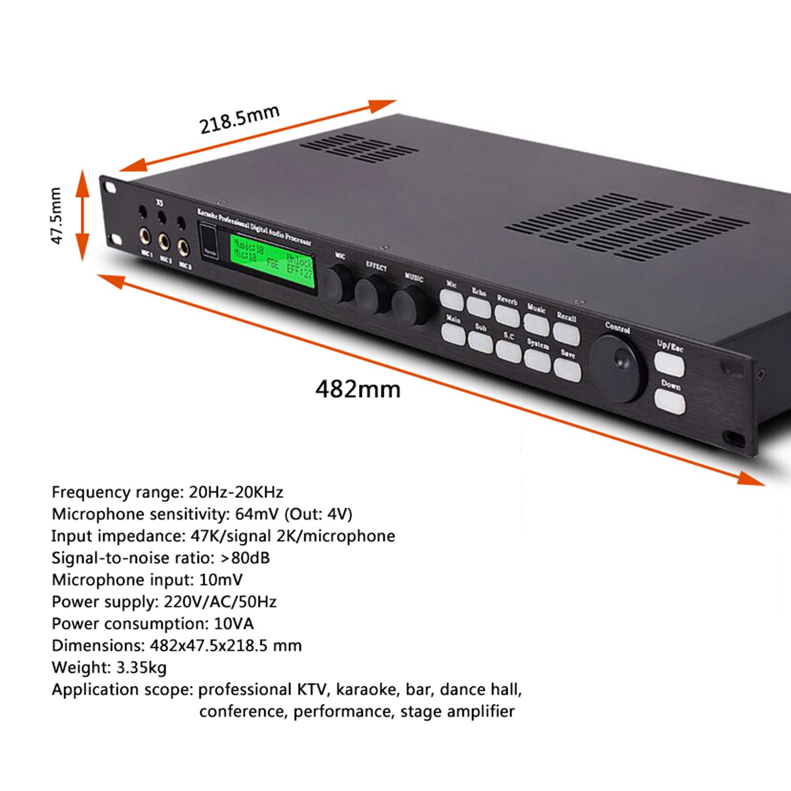 Effettuatore digitale professionale pre-stadio, 3 ingressi microfono, processore audio anti-ulula, regolazione equalizzatore microfono a 15 bande, per karaoke, palcoscenico, chiesa, performance